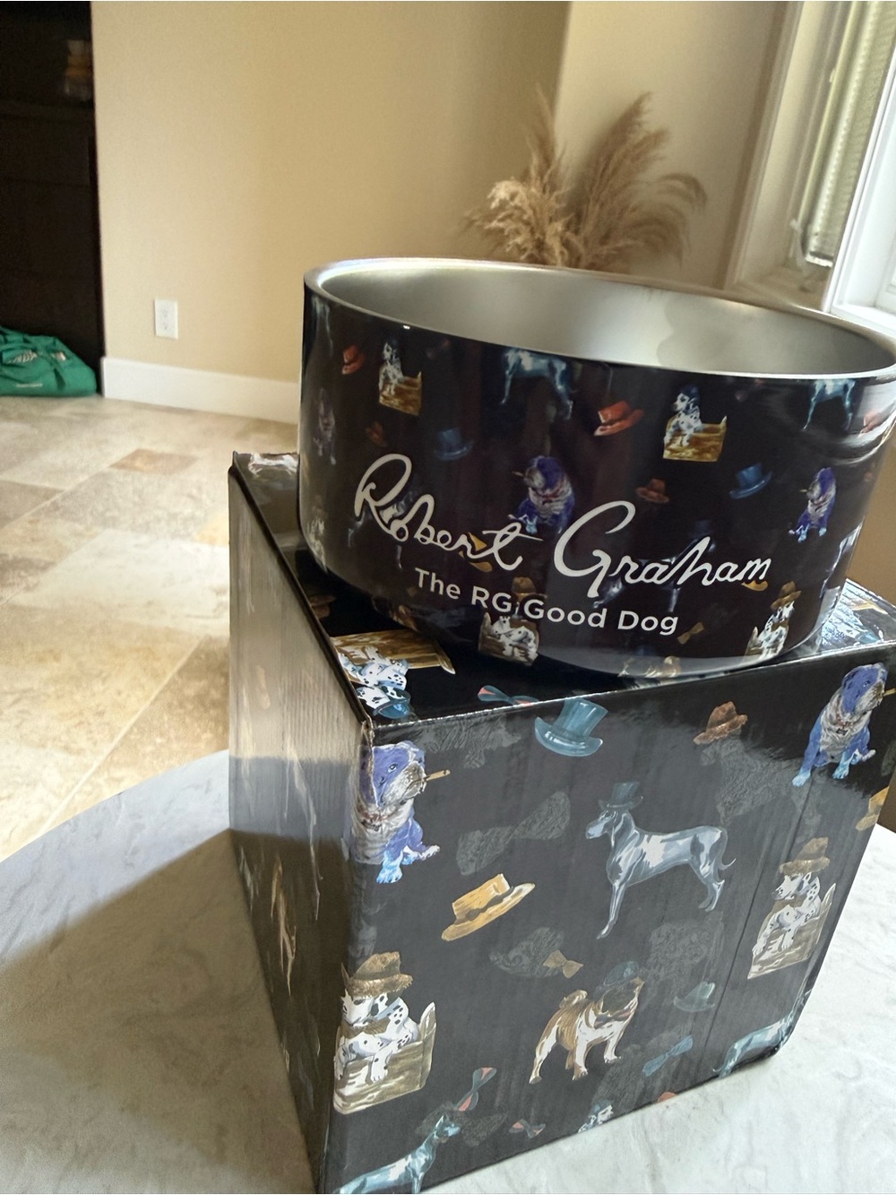 Robert Graham Black and White Illustrated Dog Metal Bowl